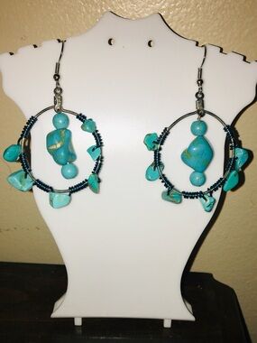 Imitation Turquoise Stone Bead Dangle Earrings